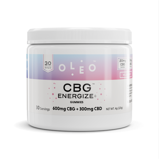 OleoLife CBD Energize Gummies: Get a natural energy boost and feel focused with 20mg CBG, 10mg CBD, Lion's Mane, Ginseng, and B12 vitamins in each gummy. Non-GMO, vegan, and free of THC.  #FocusSupplement #PlantBased #NaturalEnergy #VeganWellness #CBD 